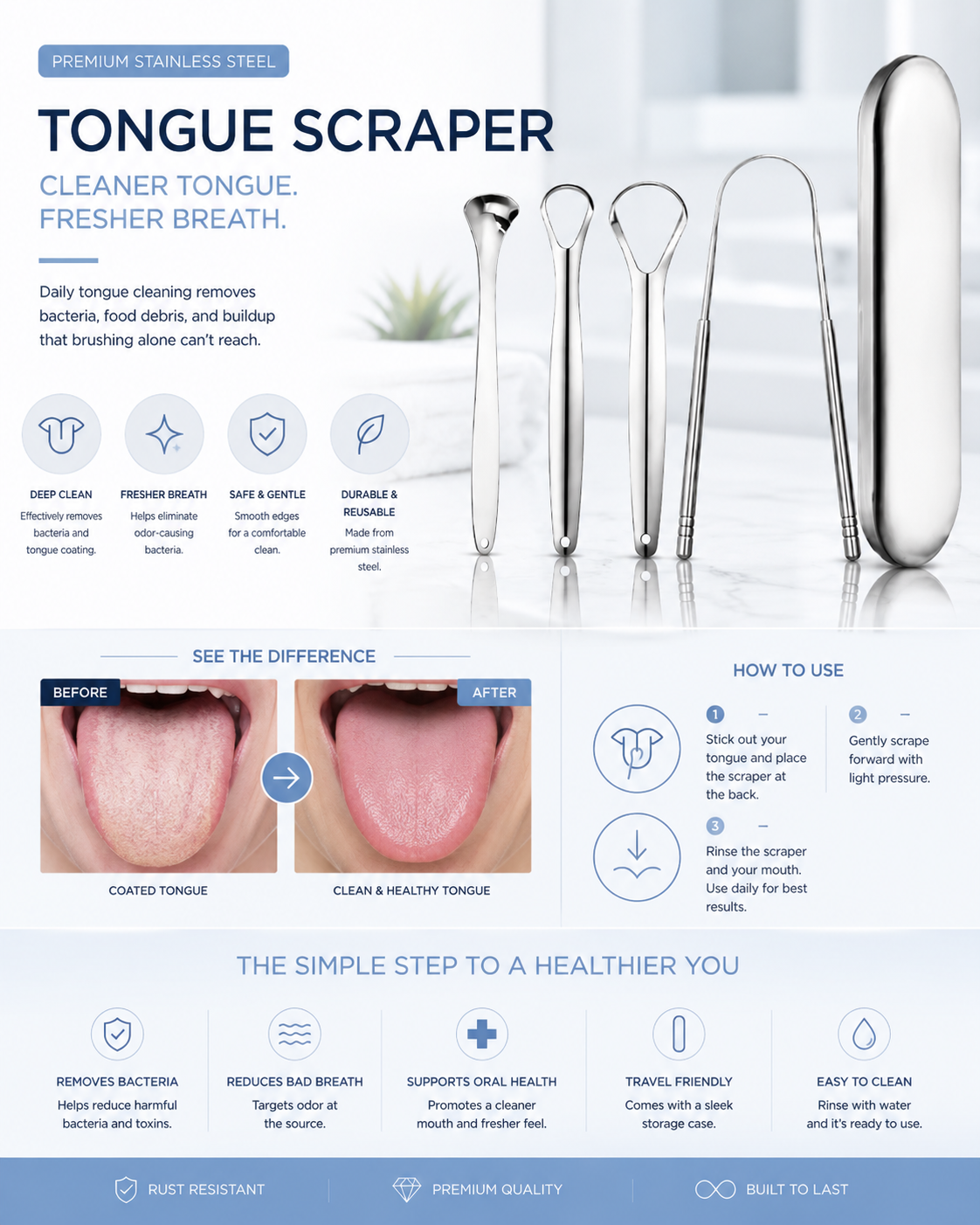 Stainless Steel Tongue Scraper – Fresh Breath & Cleaner Tongue Care
