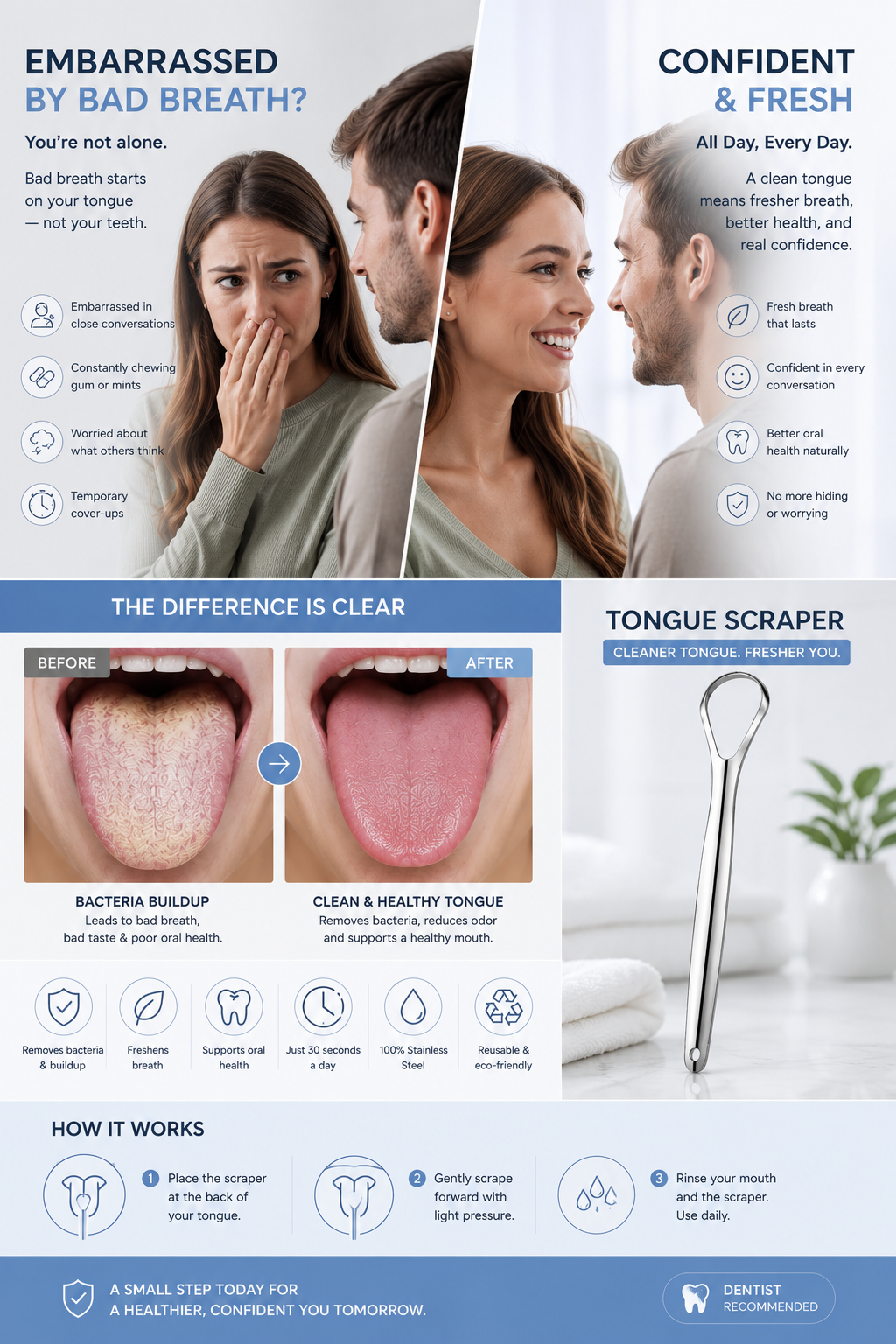 Stainless Steel Tongue Scraper – Fresh Breath & Cleaner Tongue Care