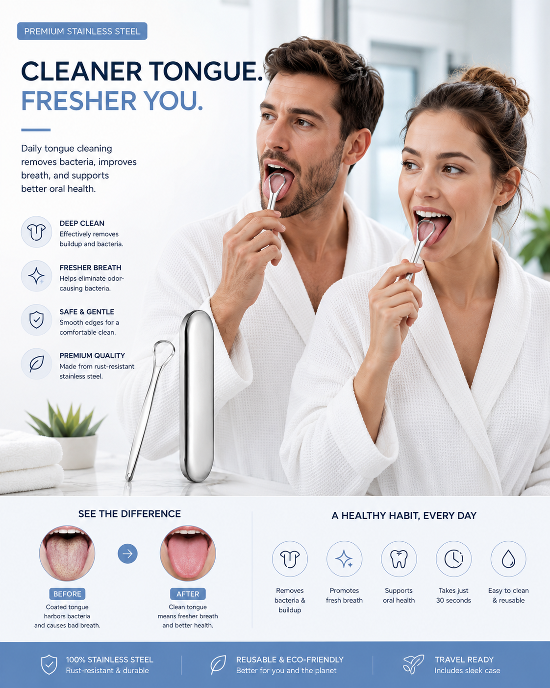 Stainless Steel Tongue Scraper – Fresh Breath & Cleaner Tongue Care