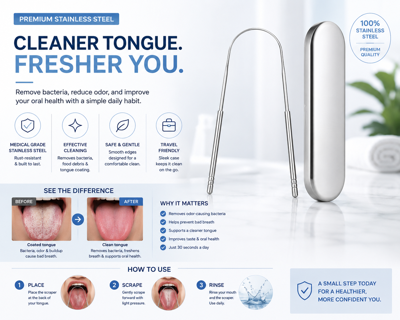 Stainless Steel Tongue Scraper – Fresh Breath & Cleaner Tongue Care
