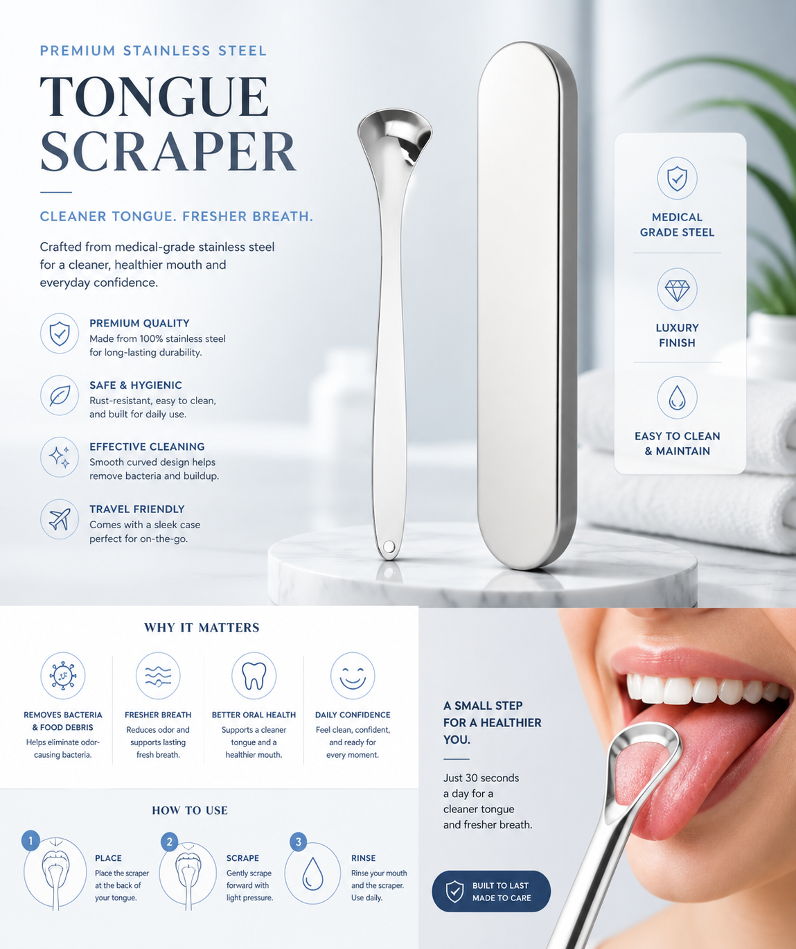 Stainless Steel Tongue Scraper – Fresh Breath & Cleaner Tongue Care